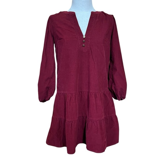 NWOT Time And Tru XS Burgundy Corduroy Dress 100% Cotton Boho Chic - Picture 2 of 10